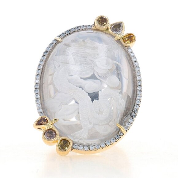 Pamela Huizenga Rock Crystal Dia Chinese Dragon Ring Yellow Gold 18k Halo1.28ctw - Picture 1 of 5